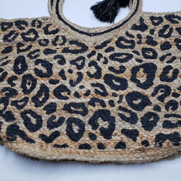 America & Beyond Jute Leopard Print Tote Bag Large Tan Black - Picture 4 of 16
